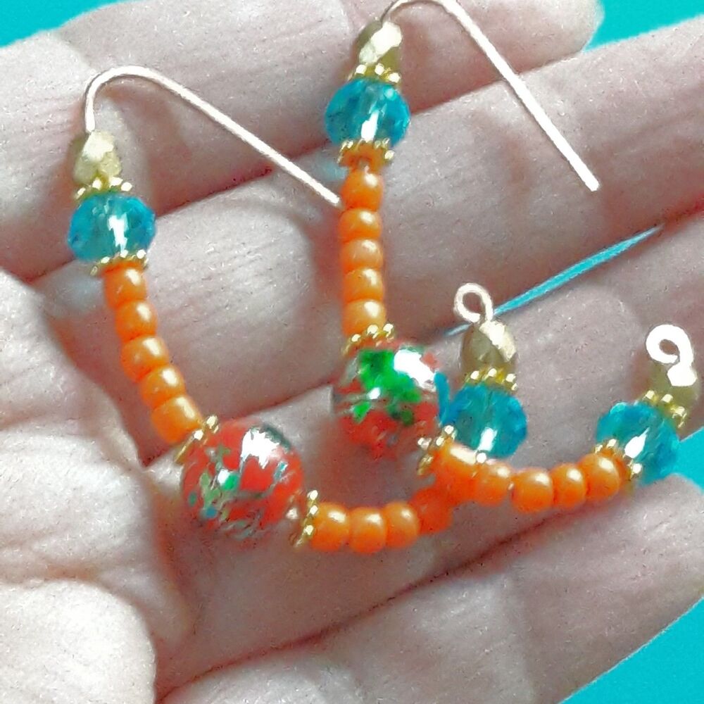 NEW Earrings Dangle copper threader earrings turquoise splash glass be 608#fs-as